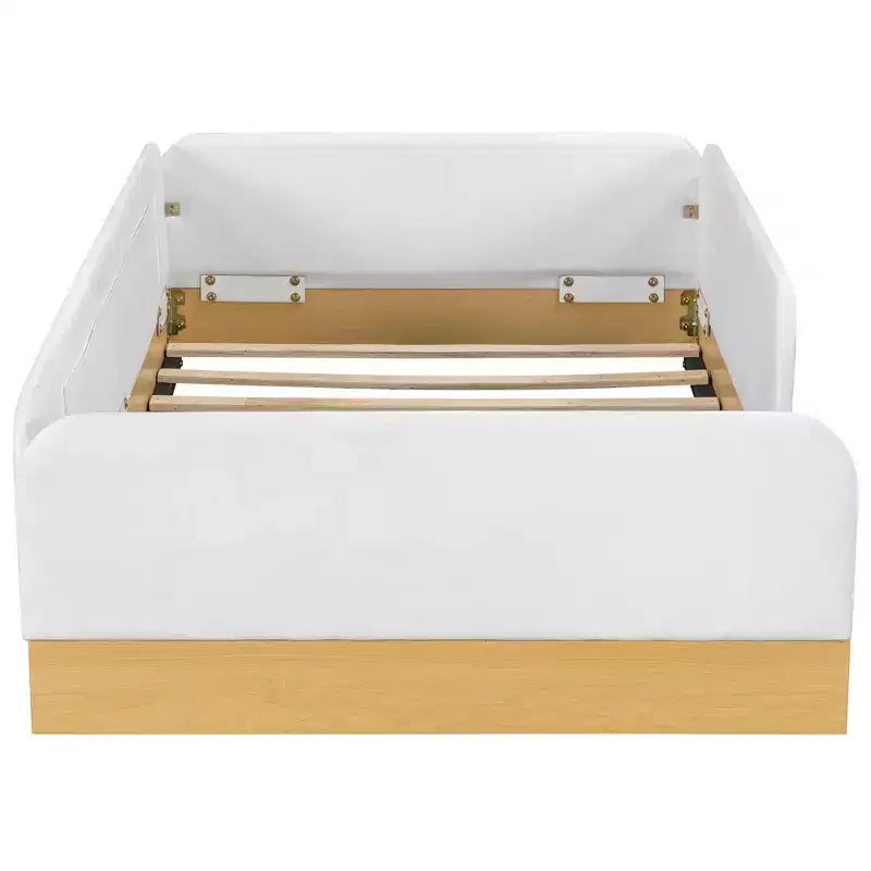 Lit plateforme capitonné jumeau avec barrières de sécurité en velours et 3 sacs de rangement intégrés, naturel - ModernLuxe