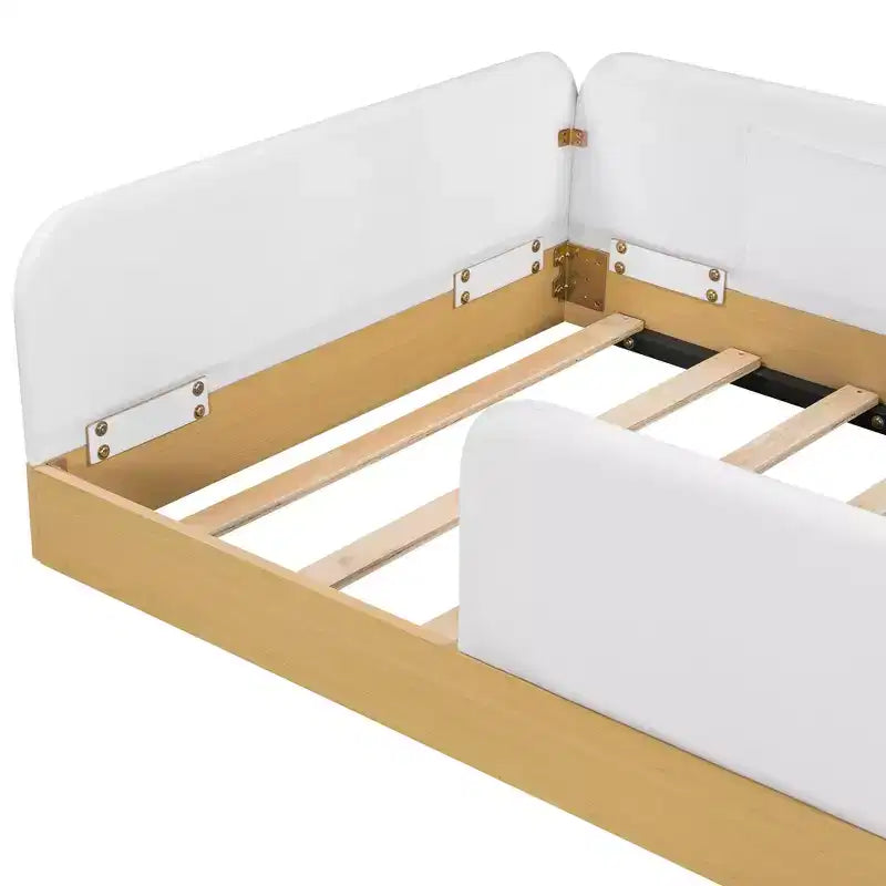 Lit plateforme capitonné jumeau avec barrières de sécurité en velours et 3 sacs de rangement intégrés, naturel - ModernLuxe