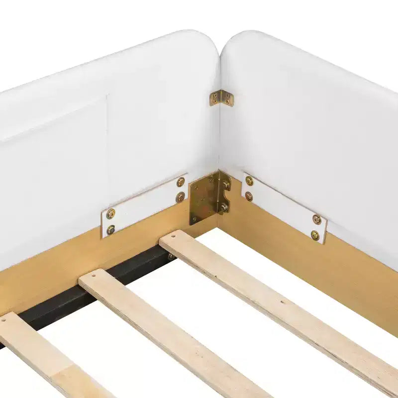 Lit plateforme capitonné jumeau avec barrières de sécurité en velours et 3 sacs de rangement intégrés, naturel - ModernLuxe
