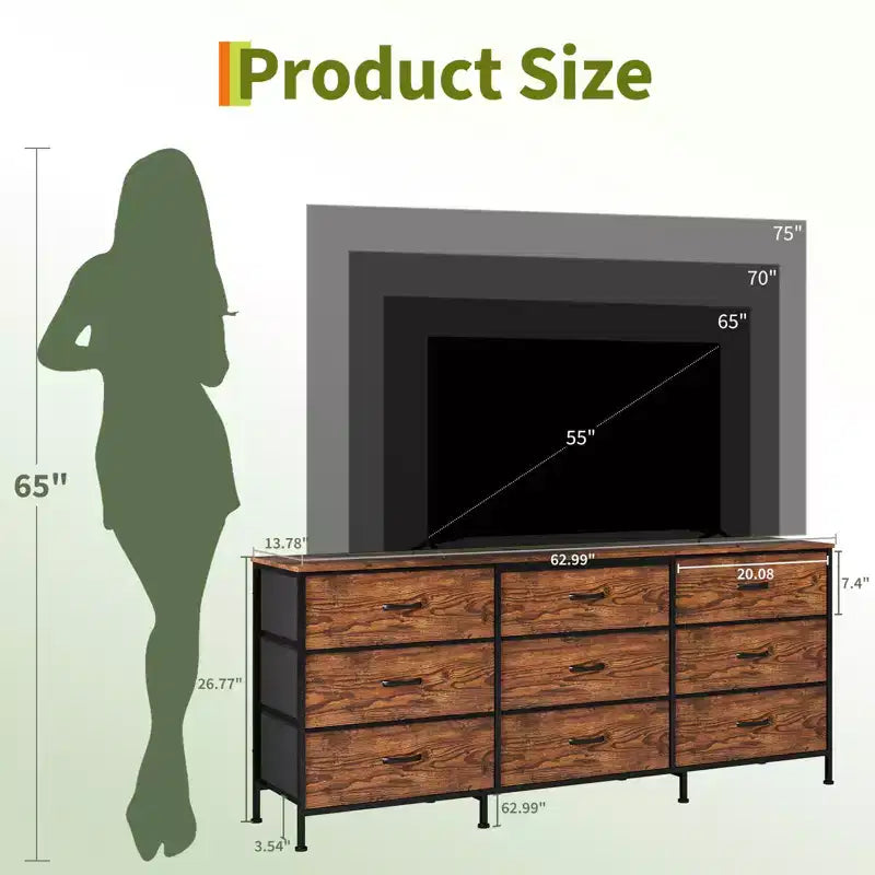 63 Wide TV Stand with 9 Fabric Drawers,Metal Frame Media Console & Storage Organizer Featuring a Wooden Top, 27 Deep for Living Room,Bedroom