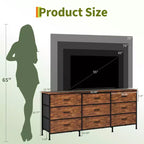 63 Wide TV Stand with 9 Fabric Drawers,Metal Frame Media Console & Storage Organizer Featuring a Wooden Top, 27 Deep for Living Room,Bedroom