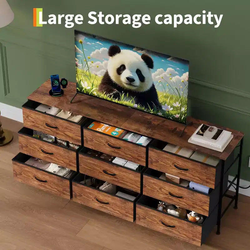 63 Wide TV Stand with 9 Fabric Drawers,Metal Frame Media Console & Storage Organizer Featuring a Wooden Top, 27 Deep for Living Room,Bedroom