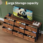 63 Wide TV Stand with 9 Fabric Drawers,Metal Frame Media Console & Storage Organizer Featuring a Wooden Top, 27 Deep for Living Room,Bedroom