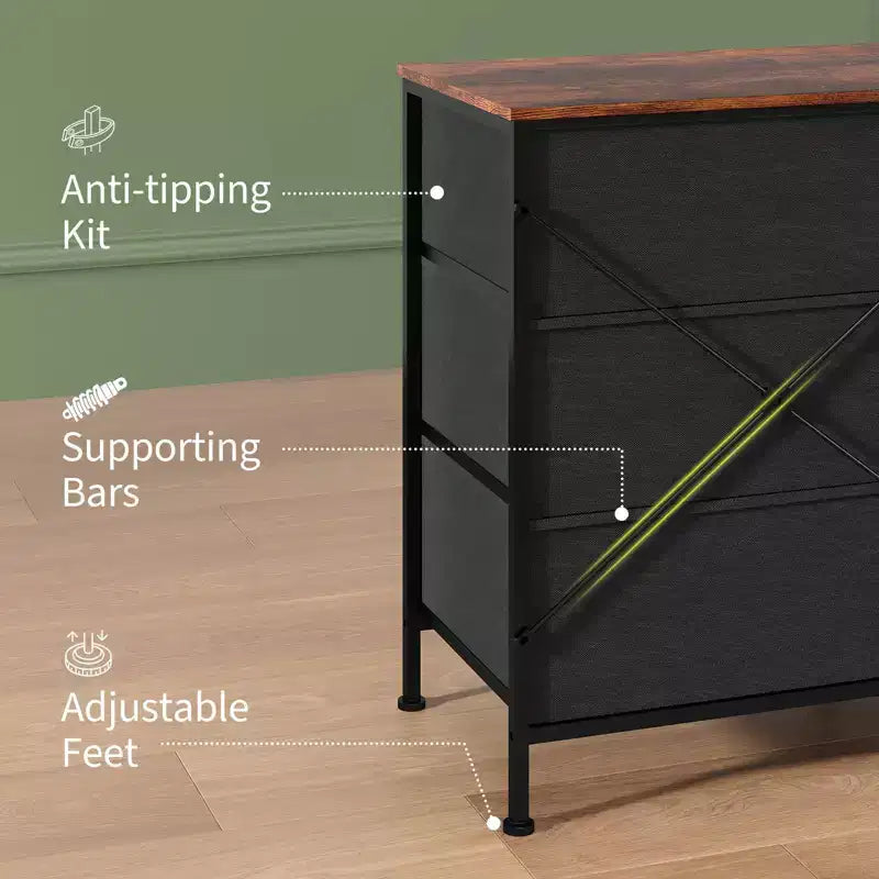 63 Wide TV Stand with 9 Fabric Drawers,Metal Frame Media Console & Storage Organizer Featuring a Wooden Top, 27 Deep for Living Room,Bedroom