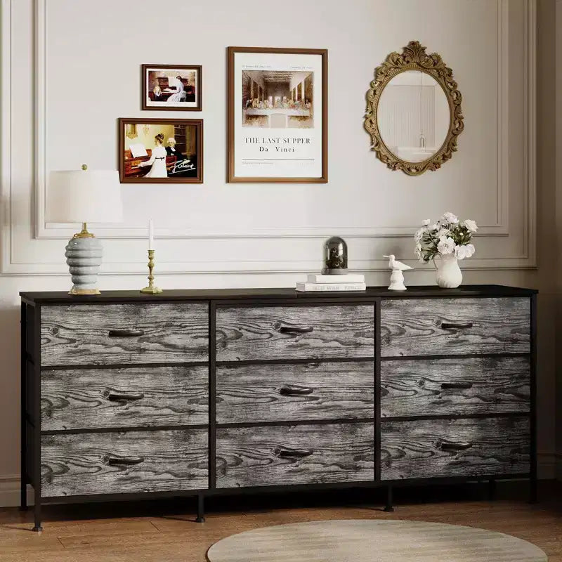 63 Wide TV Stand with 9 Fabric Drawers,Metal Frame Media Console & Storage Organizer Featuring a Wooden Top, 27 Deep for Living Room,Bedroom