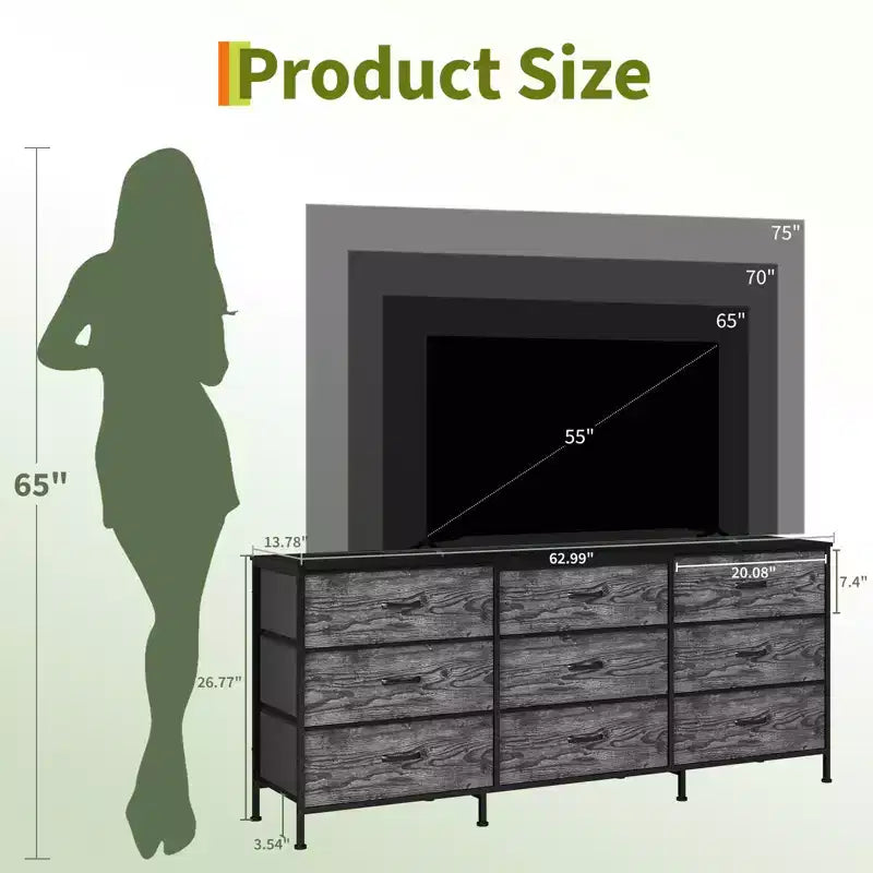 63 Wide TV Stand with 9 Fabric Drawers,Metal Frame Media Console & Storage Organizer Featuring a Wooden Top, 27 Deep for Living Room,Bedroom