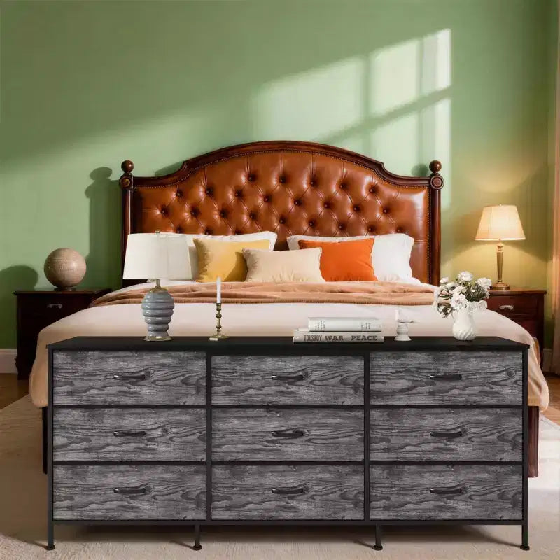 63 Wide TV Stand with 9 Fabric Drawers,Metal Frame Media Console & Storage Organizer Featuring a Wooden Top, 27 Deep for Living Room,Bedroom