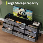 63 Wide TV Stand with 9 Fabric Drawers,Metal Frame Media Console & Storage Organizer Featuring a Wooden Top, 27 Deep for Living Room,Bedroom