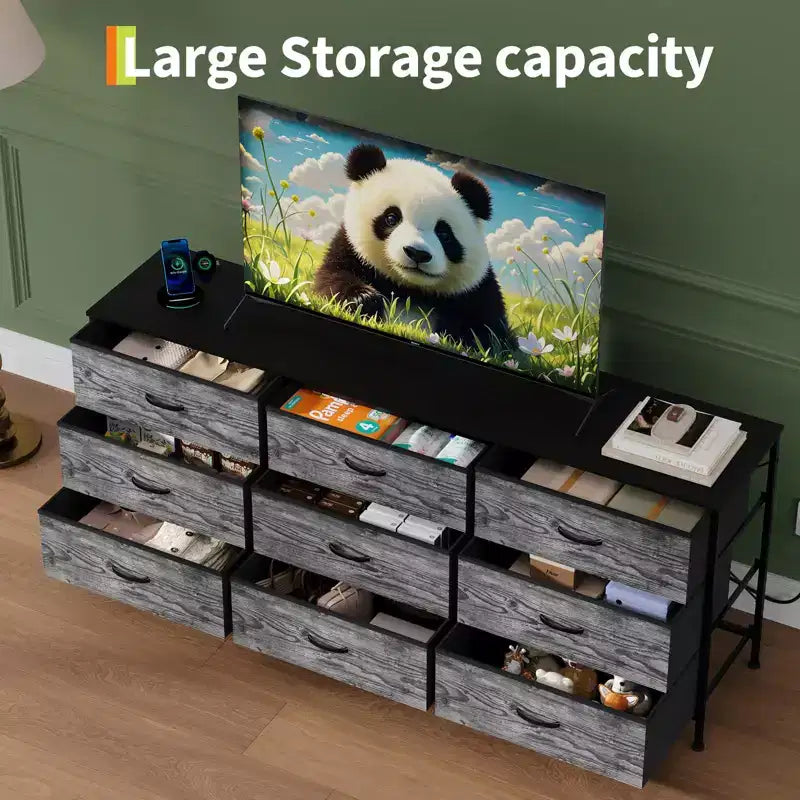63 Wide TV Stand with 9 Fabric Drawers,Metal Frame Media Console & Storage Organizer Featuring a Wooden Top, 27 Deep for Living Room,Bedroom