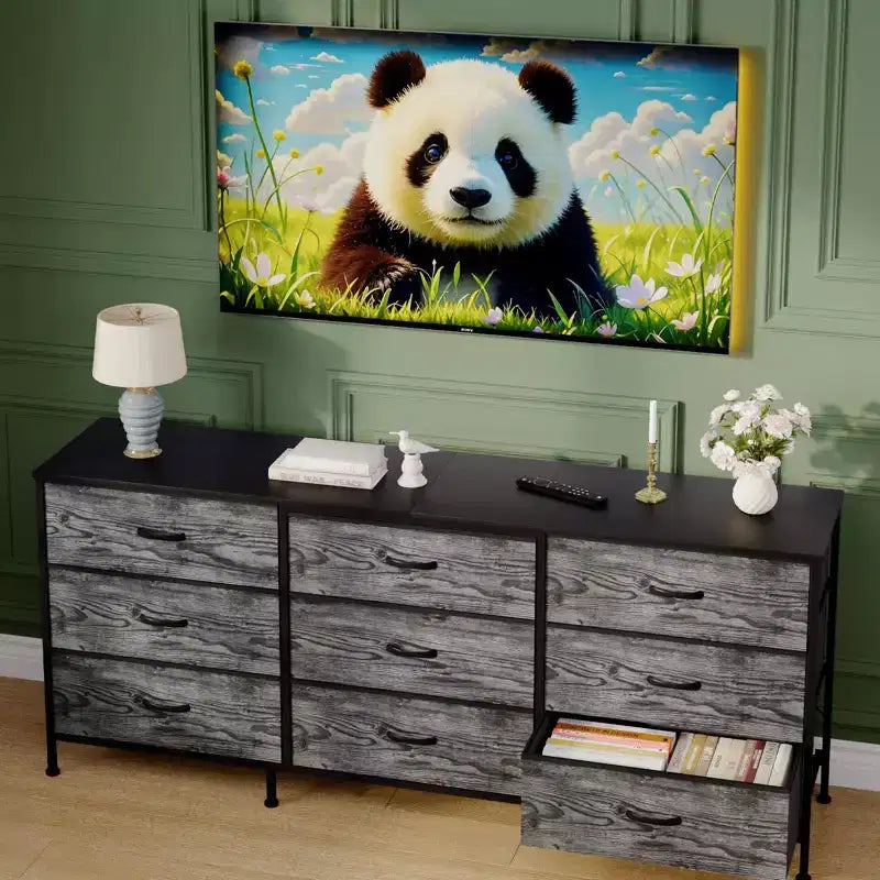 63 Wide TV Stand with 9 Fabric Drawers,Metal Frame Media Console & Storage Organizer Featuring a Wooden Top, 27 Deep for Living Room,Bedroom