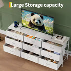 63 Wide TV Stand with 9 Fabric Drawers,Metal Frame Media Console & Storage Organizer Featuring a Wooden Top, 27 Deep for Living Room,Bedroom