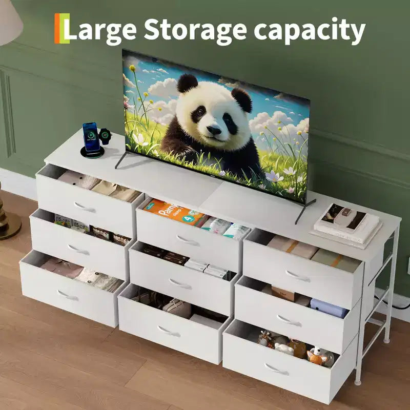 63 Wide TV Stand with 9 Fabric Drawers,Metal Frame Media Console & Storage Organizer Featuring a Wooden Top, 27 Deep for Living Room,Bedroom