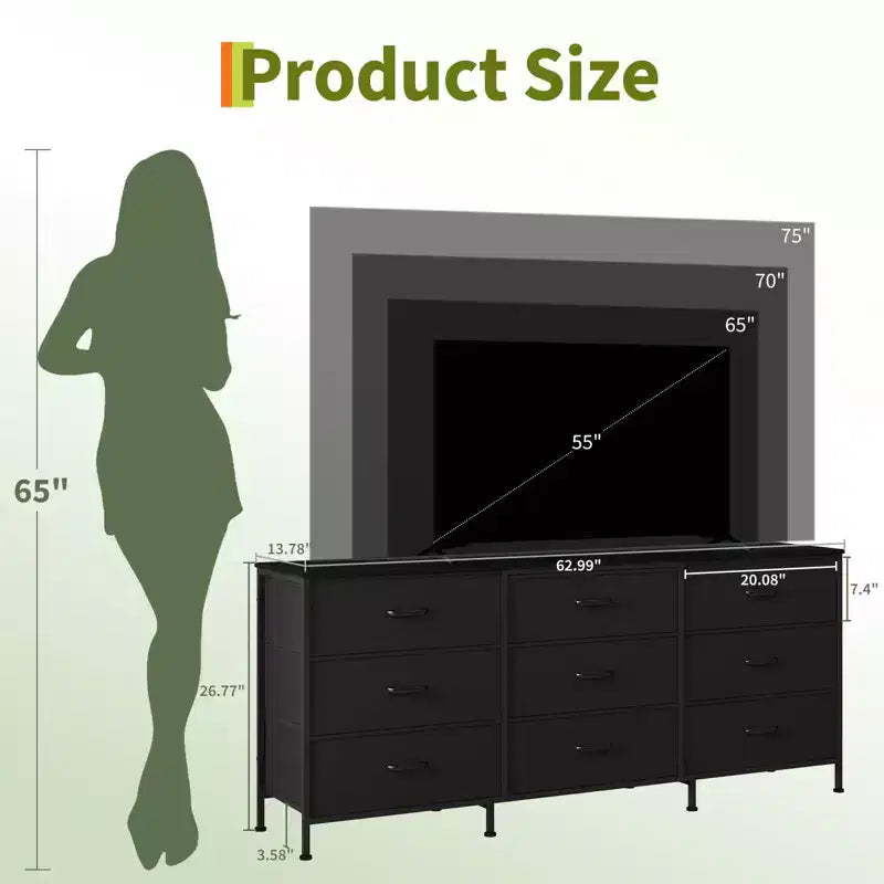 63 Wide TV Stand with 9 Fabric Drawers,Metal Frame Media Console & Storage Organizer Featuring a Wooden Top, 27 Deep for Living Room,Bedroom