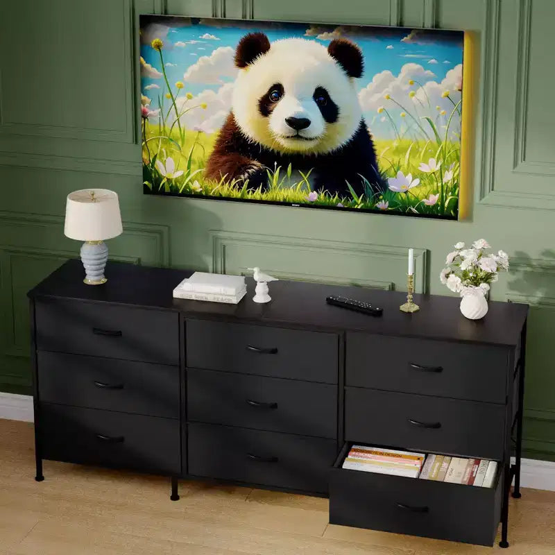63 Wide TV Stand with 9 Fabric Drawers,Metal Frame Media Console & Storage Organizer Featuring a Wooden Top, 27 Deep for Living Room,Bedroom