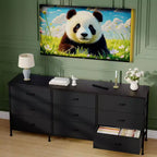 63 Wide TV Stand with 9 Fabric Drawers,Metal Frame Media Console & Storage Organizer Featuring a Wooden Top, 27 Deep for Living Room,Bedroom