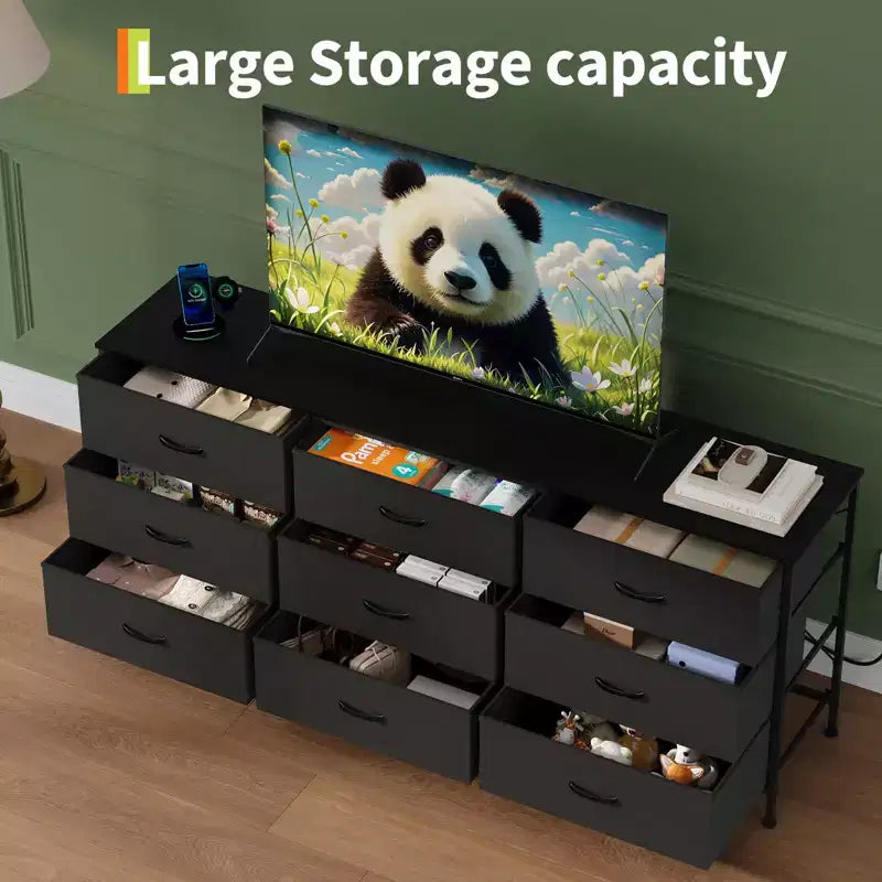 63 Wide TV Stand with 9 Fabric Drawers,Metal Frame Media Console & Storage Organizer Featuring a Wooden Top, 27 Deep for Living Room,Bedroom