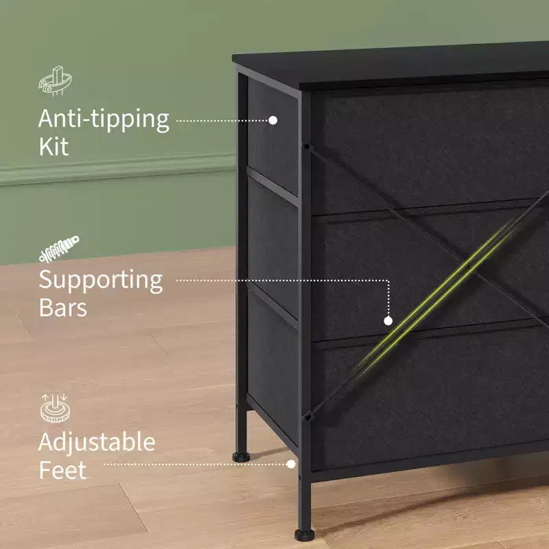 63 Wide TV Stand with 9 Fabric Drawers,Metal Frame Media Console & Storage Organizer Featuring a Wooden Top, 27 Deep for Living Room,Bedroom