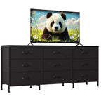 63 Wide TV Stand with 9 Fabric Drawers,Metal Frame Media Console & Storage Organizer Featuring a Wooden Top, 27 Deep for Living Room,Bedroom