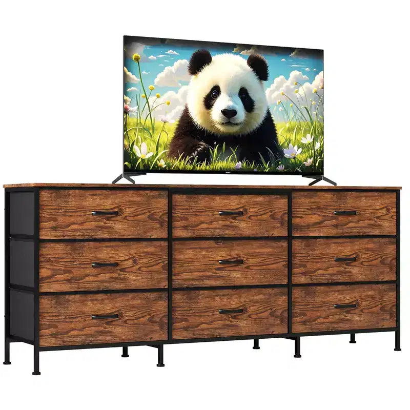 63 Wide TV Stand with 9 Fabric Drawers,Metal Frame Media Console & Storage Organizer Featuring a Wooden Top, 27 Deep for Living Room,Bedroom