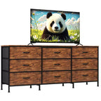 63 Wide TV Stand with 9 Fabric Drawers,Metal Frame Media Console & Storage Organizer Featuring a Wooden Top, 27 Deep for Living Room,Bedroom