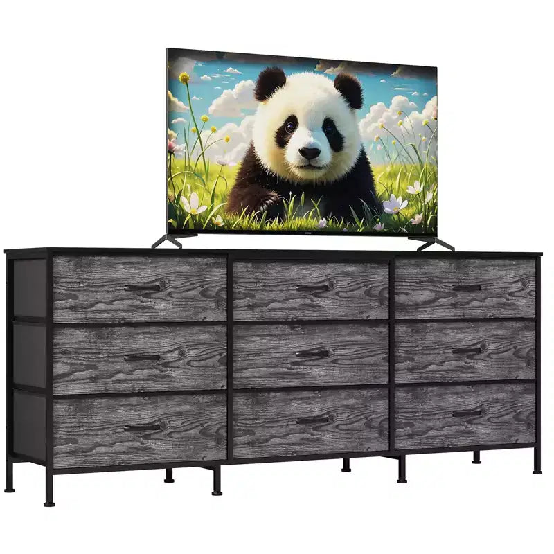 63 Wide TV Stand with 9 Fabric Drawers,Metal Frame Media Console & Storage Organizer Featuring a Wooden Top, 27 Deep for Living Room,Bedroom