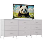 63 Wide TV Stand with 9 Fabric Drawers,Metal Frame Media Console & Storage Organizer Featuring a Wooden Top, 27 Deep for Living Room,Bedroom