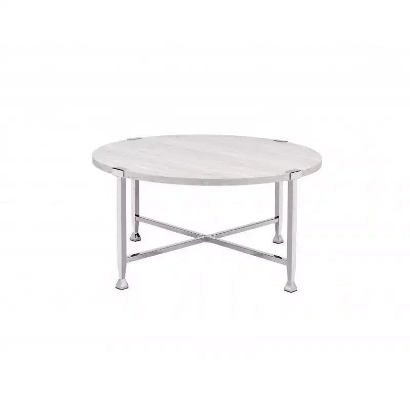 HomeRoots 36 White and Silver Metal Round Cross Legs Coffee Table