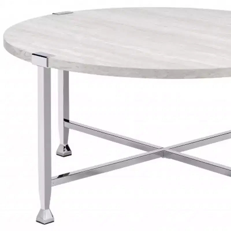 Table basse ronde HomeRoots de 36 po avec pieds croisés en métal blanc et argenté