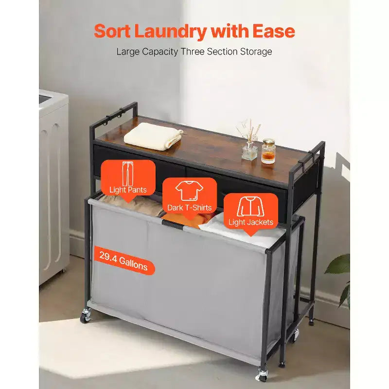 VEVOR Trieur à linge 3 sections, Panier à linge roulant avec 2 tiroirs, crochets et roulettes, Organisateur de rangement roulant, Noir + Gris