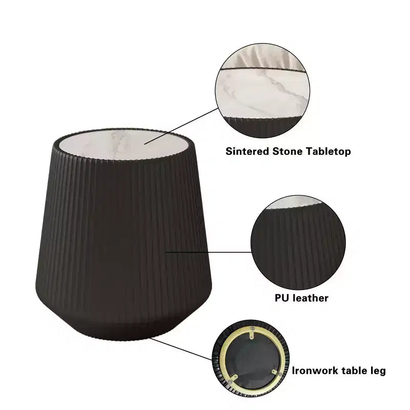 Table d'appoint ronde moderne avec finition en cuir PU, dessus en pierre frittée blanche, table d'appoint élégante pour le salon ou les petits espaces - Panipeachy