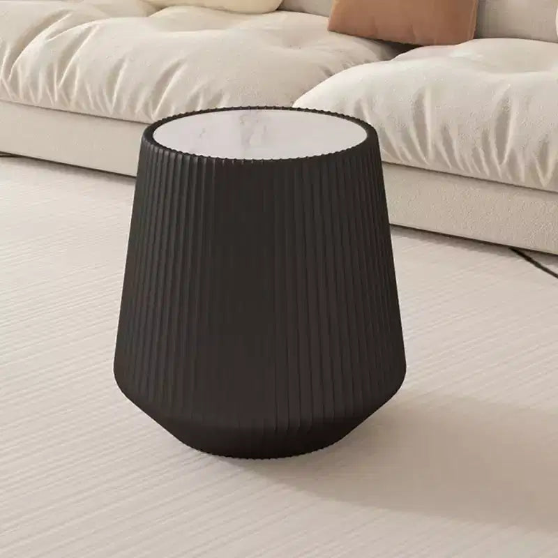 Modern Round End Table with PU Leather Finish, White Sintered Stone Top, Stylish Accent Side Table for Living Room or Small Spaces-Panipeachy