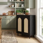 Boho Rattan 2-Door Buffet Cabinet, Wood Sideboard with Adjustable Shelves & Storage, Multi-Scene Cupboard for Kitchen, Living Room, Dining Room