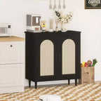 Boho Rattan 2-Door Buffet Cabinet, Wood Sideboard with Adjustable Shelves & Storage, Multi-Scene Cupboard for Kitchen, Living Room, Dining Room
