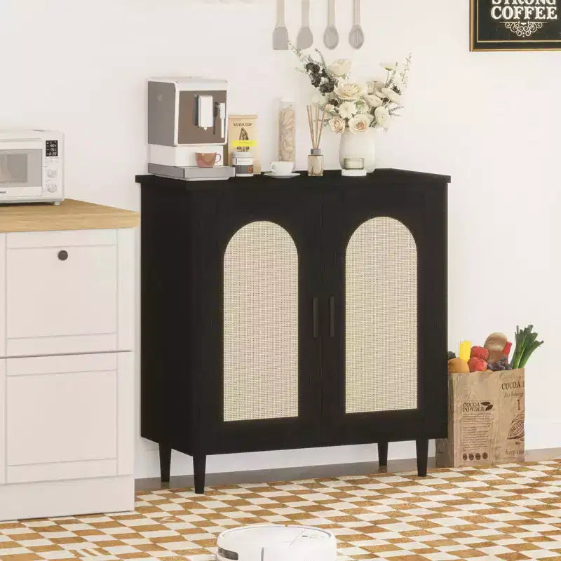 Boho Rattan 2-Door Buffet Cabinet, Wood Sideboard with Adjustable Shelves & Storage, Multi-Scene Cupboard for Kitchen, Living Room, Dining Room