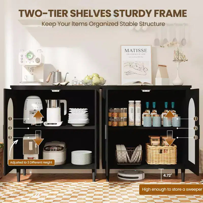 Boho Rattan 2-Door Buffet Cabinet, Wood Sideboard with Adjustable Shelves & Storage, Multi-Scene Cupboard for Kitchen, Living Room, Dining Room