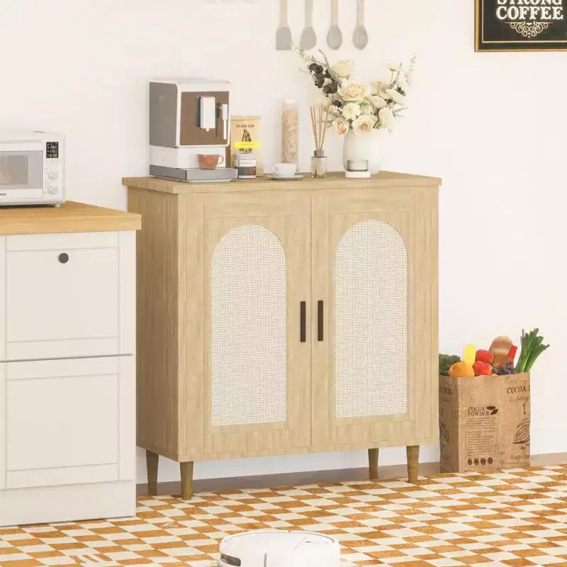 Boho Rattan 2-Door Buffet Cabinet, Wood Sideboard with Adjustable Shelves & Storage, Multi-Scene Cupboard for Kitchen, Living Room, Dining Room