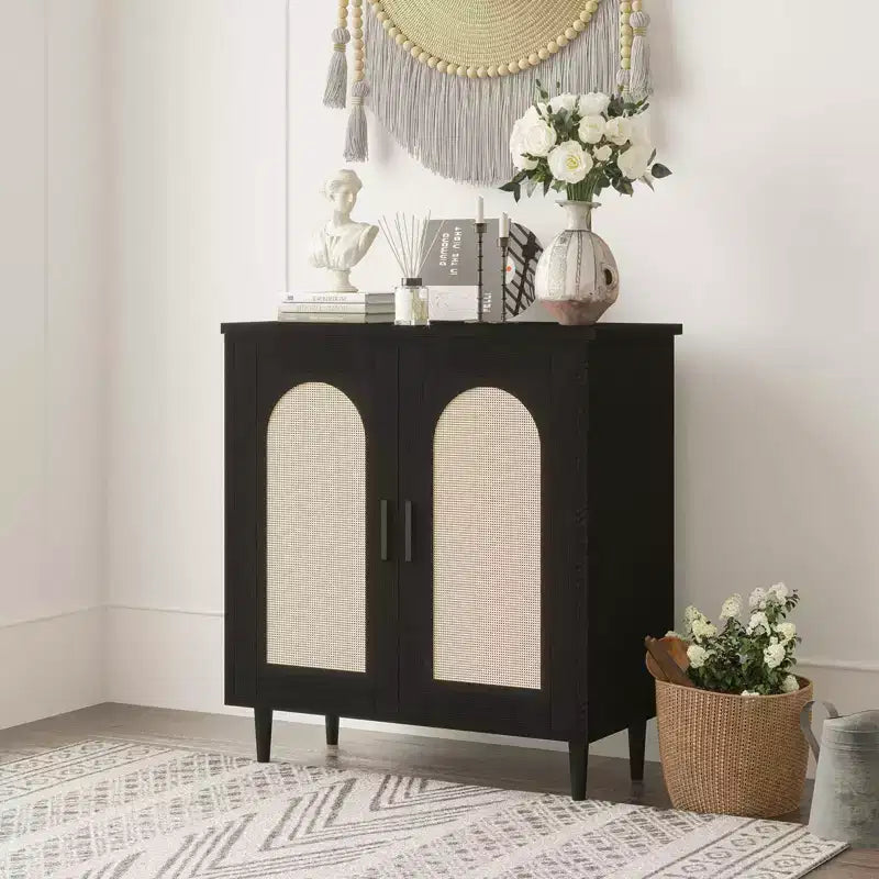Boho Rattan 2-Door Buffet Cabinet, Wood Sideboard with Adjustable Shelves & Storage, Multi-Scene Cupboard for Kitchen, Living Room, Dining Room