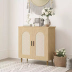 Boho Rattan 2-Door Buffet Cabinet, Wood Sideboard with Adjustable Shelves & Storage, Multi-Scene Cupboard for Kitchen, Living Room, Dining Room