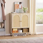 Sideboard Buffet, Natural Rattan Hallway Cabinet with 2 Doors & 4 Adjustable Shelves