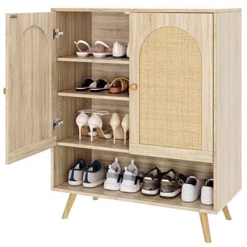 Sideboard Buffet, Natural Rattan Hallway Cabinet with 2 Doors & 4 Adjustable Shelves