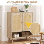 Sideboard Buffet, Natural Rattan Hallway Cabinet with 2 Doors & 4 Adjustable Shelves