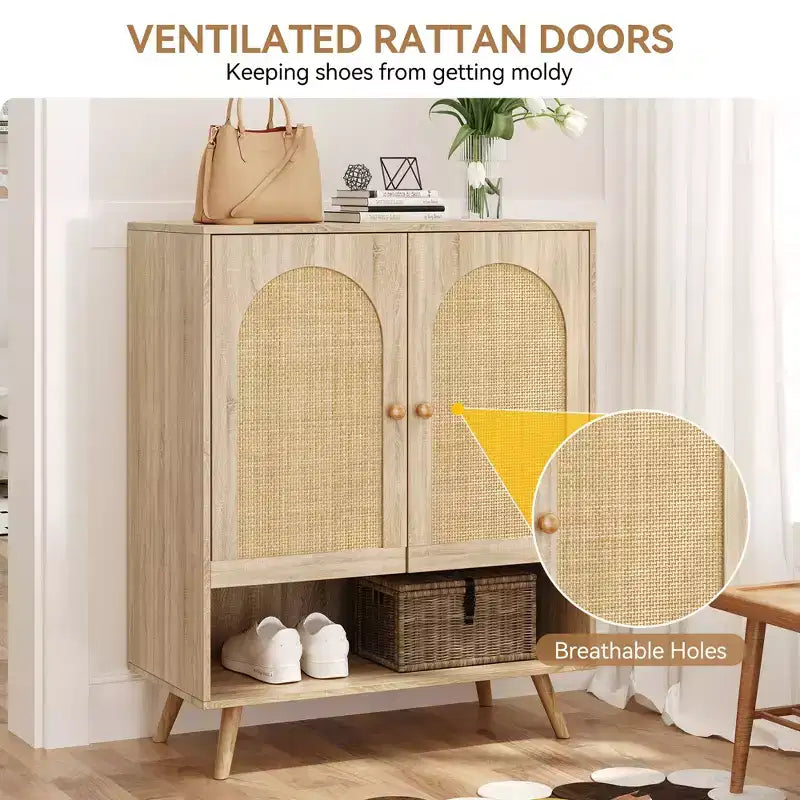Sideboard Buffet, Natural Rattan Hallway Cabinet with 2 Doors & 4 Adjustable Shelves