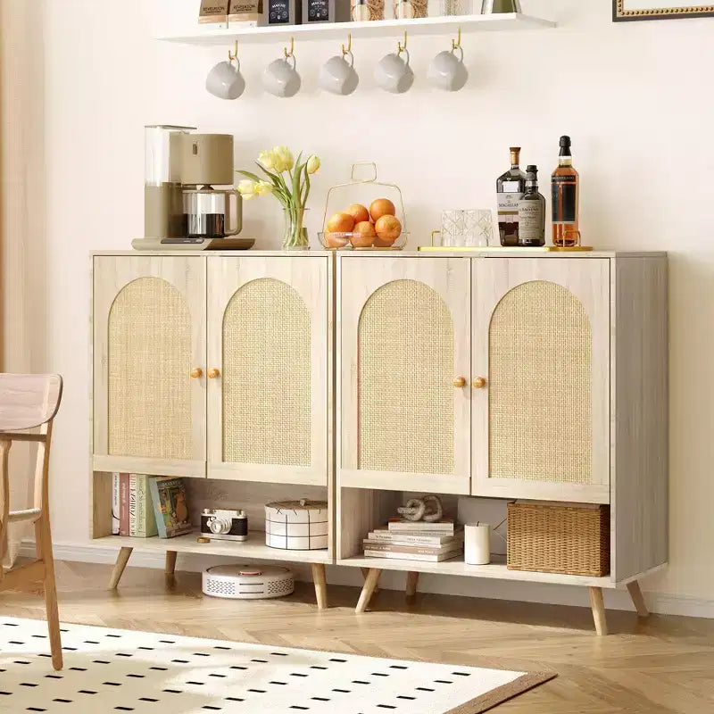 Sideboard Buffet, Natural Rattan Hallway Cabinet with 2 Doors & 4 Adjustable Shelves