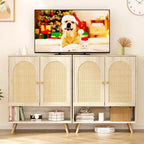 Sideboard Buffet, Natural Rattan Hallway Cabinet with 2 Doors & 4 Adjustable Shelves