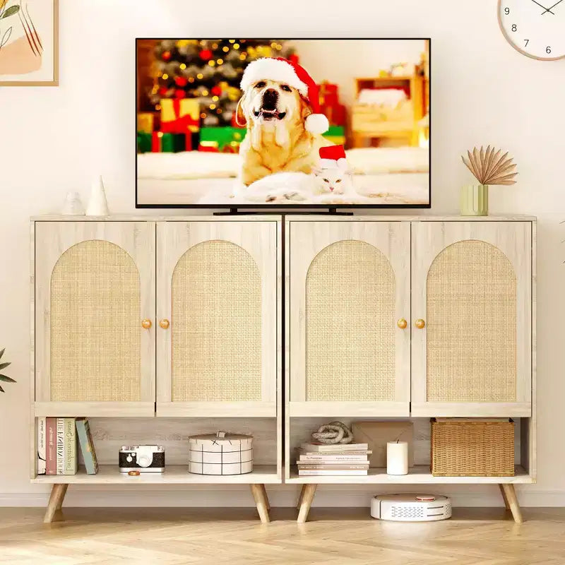 Sideboard Buffet, Natural Rattan Hallway Cabinet with 2 Doors & 4 Adjustable Shelves