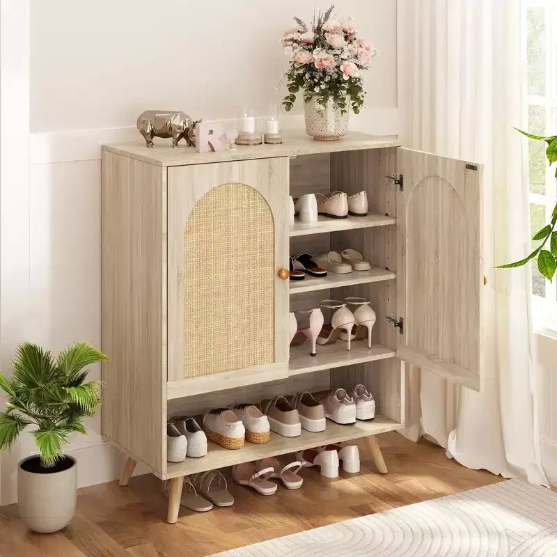 Sideboard Buffet, Natural Rattan Hallway Cabinet with 2 Doors & 4 Adjustable Shelves