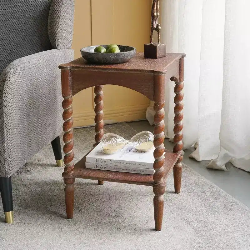 GDFStudio Vaibhav Rustic Square Wooden Side Table with Turned Spiral Legs and Lower Shelf