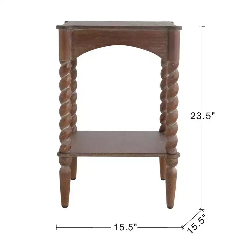 Table d'appoint carrée rustique en bois GDFStudio Vaibhav avec pieds torsadés en spirale et étagère inférieure