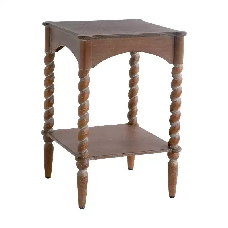 Table d'appoint carrée rustique en bois GDFStudio Vaibhav avec pieds torsadés en spirale et étagère inférieure