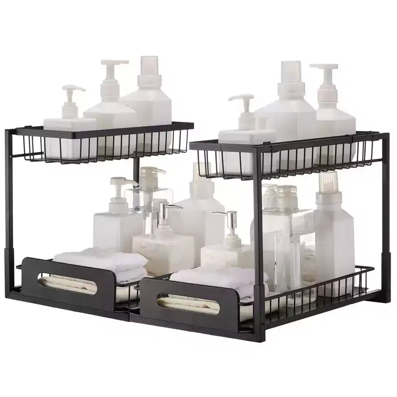 VIYET 2-Tier Pull Out Cabinet Organizer 2-Pack, 13H, Under Sink Storage Wire Basket Slide Out Drawer,black